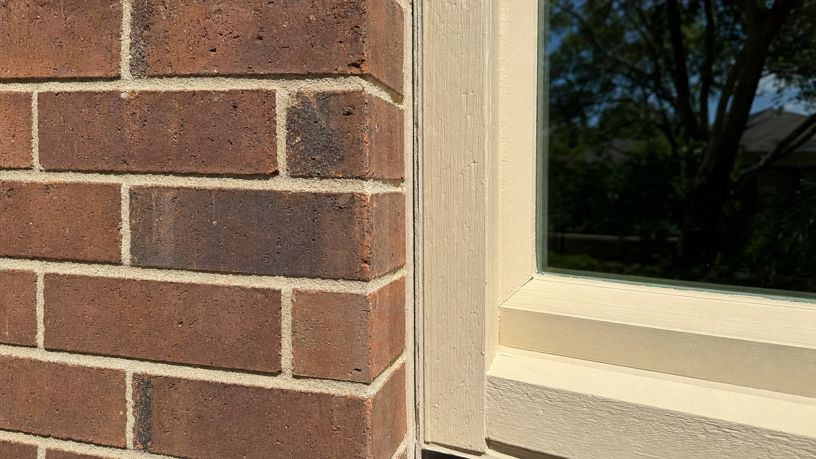 Fine caulk gap where a Houston brick veneer meets a window frame after seasonal soil movement