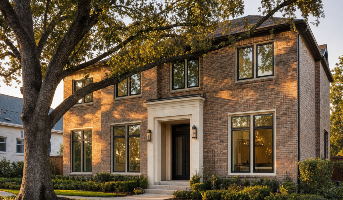 Houston brick home exterior at golden hour showing double-pane window seal failure risks