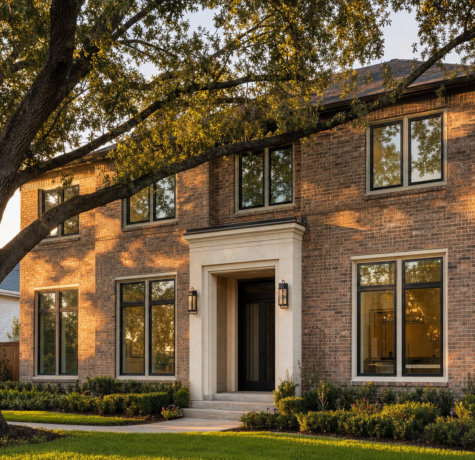 Houston brick home exterior at golden hour showing double-pane window seal failure risks
