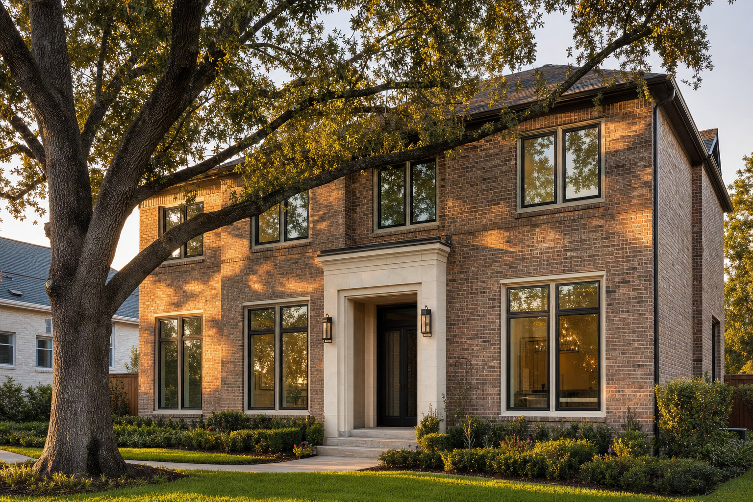 Houston brick home exterior at golden hour showing double-pane window seal failure risks