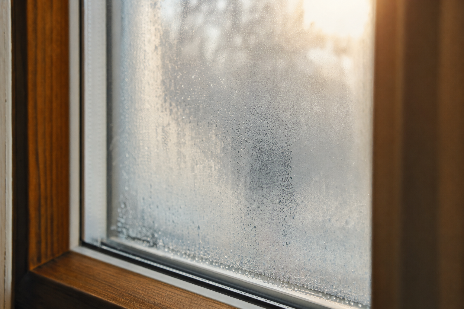 Cloudy condensation trapped between the two panes of a failed insulated glass unit