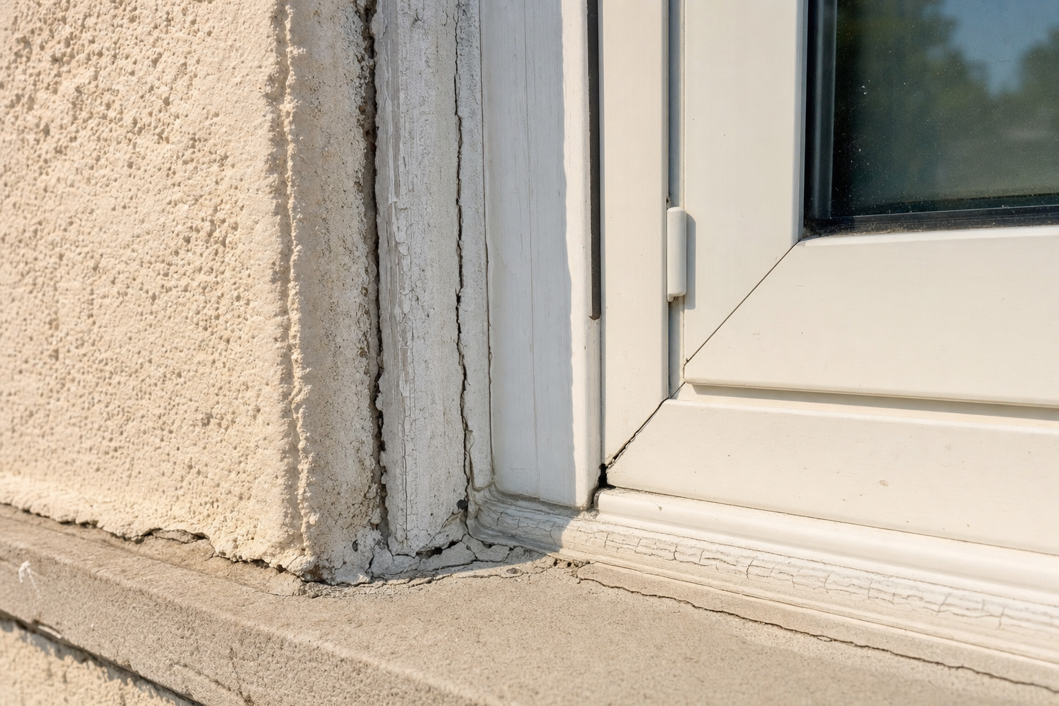 Cracked exterior caulk and weathered sealant at the corner of a residential window frame