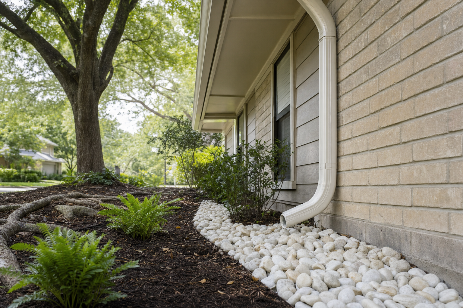 Downspout discharging onto a river-rock drainage bed away from a Houston home foundation, protecting clay soil around the perimeter
