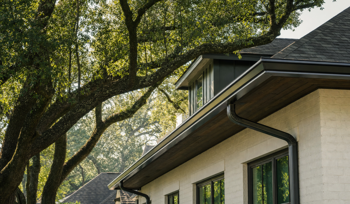 Houston home with mature live oak canopy overhanging seamless aluminum gutters installed by a Houston gutter guards company
