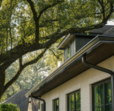 Houston home with mature live oak canopy overhanging seamless aluminum gutters installed by a Houston gutter guards company