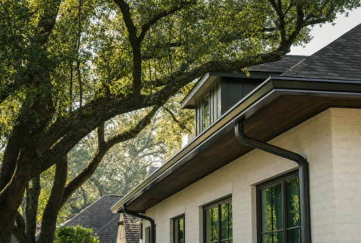 Houston home with mature live oak canopy overhanging seamless aluminum gutters installed by a Houston gutter guards company