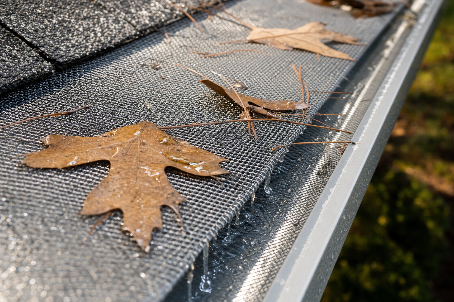 Stainless steel micro-mesh gutter guard shedding live oak leaves and pine needles while water channels through into the gutter below