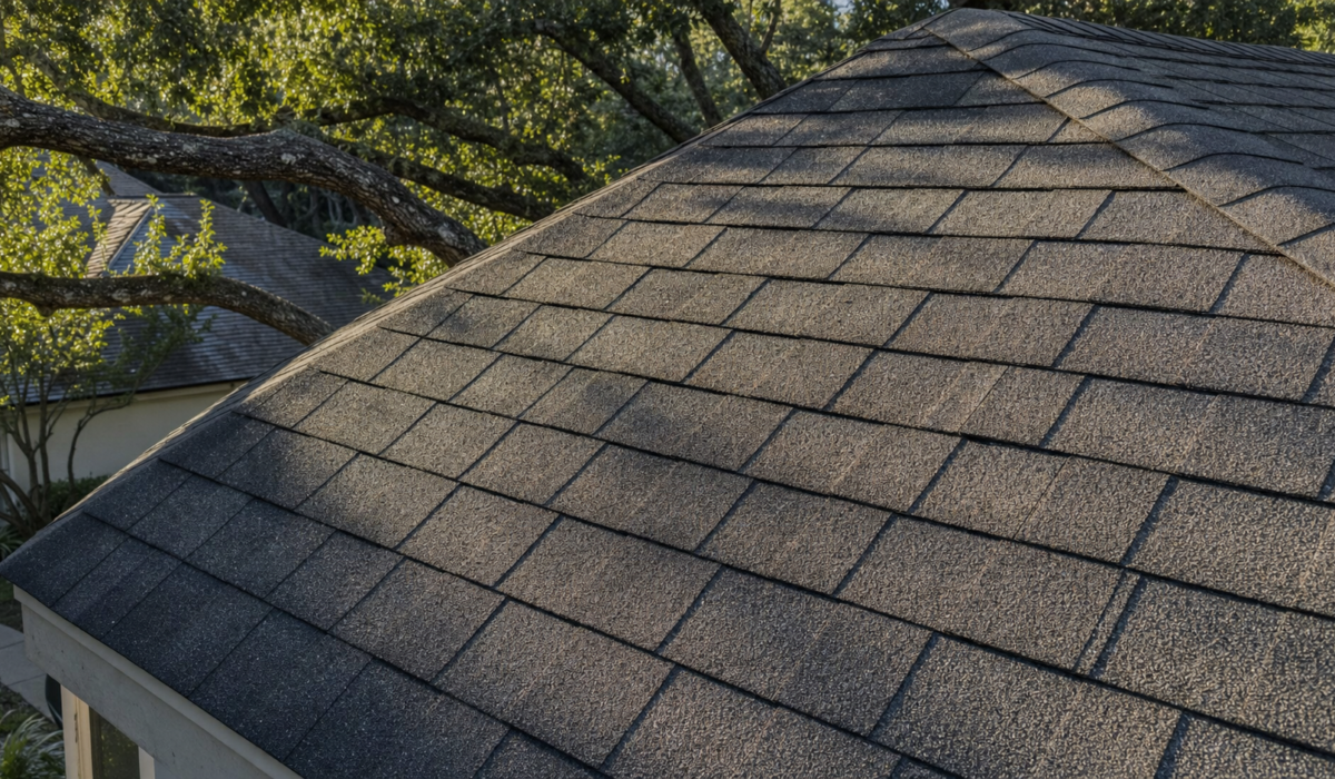 Aged charcoal asphalt shingle roof on a Houston home showing sun-fade from Houston roof shingle heat aging