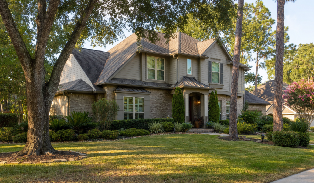 Houston suburban home in late summer with mature live oak and pine trees surrounding the exterior
