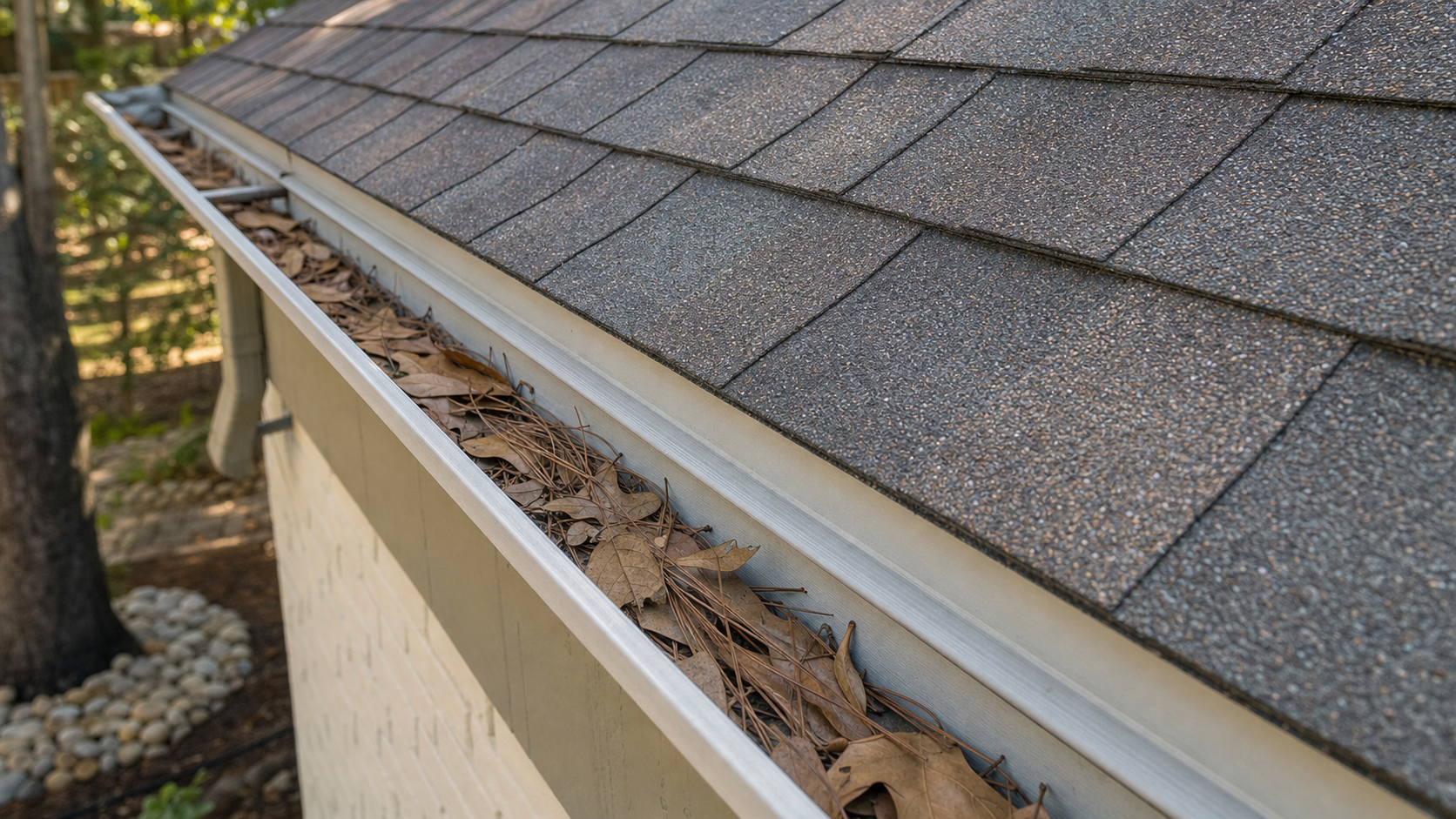 Live oak leaves and pine needles collected in a gutter along an asphalt shingle roof edge in Houston