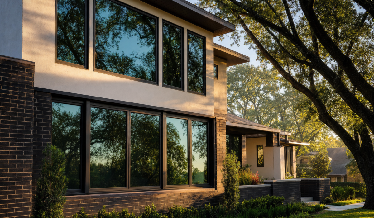 Houston home with dark tinted low-e windows reflecting live oaks in late-afternoon Texas sunlight
