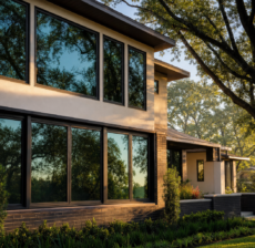 Houston home with dark tinted low-e windows reflecting live oaks in late-afternoon Texas sunlight