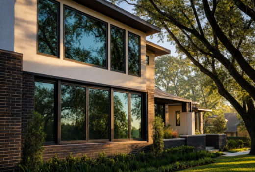 Houston home with dark tinted low-e windows reflecting live oaks in late-afternoon Texas sunlight