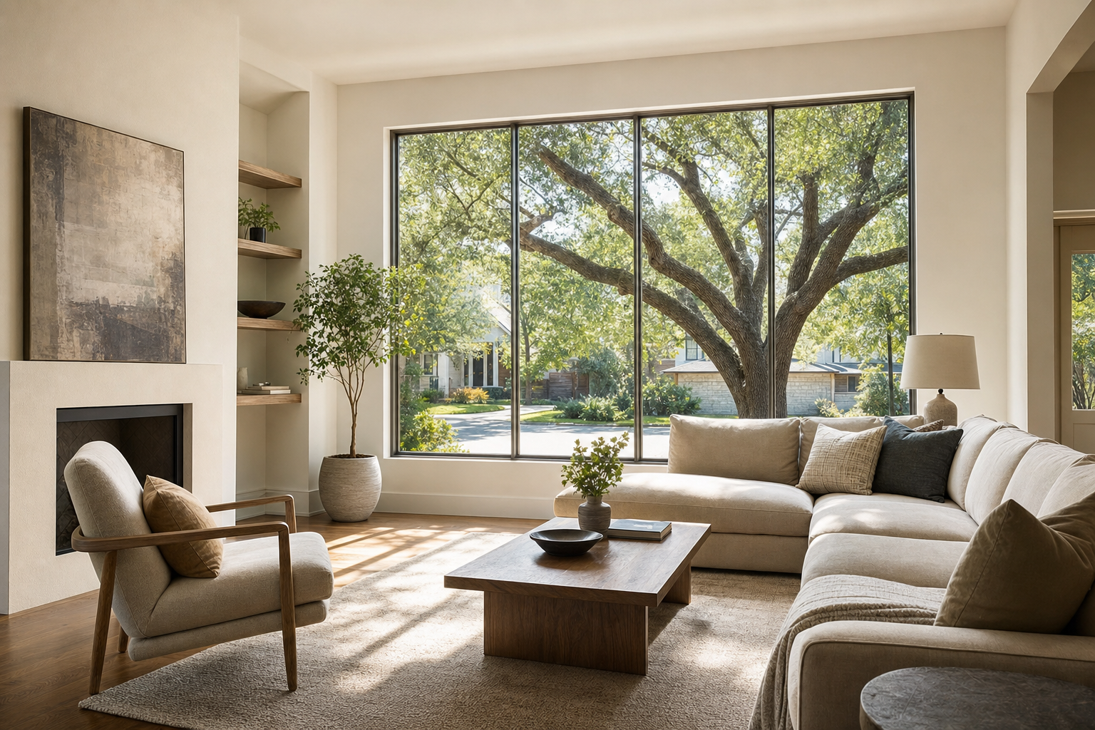 Bright Houston living room with a large low-e window looking out to a mature live oak, cool and comfortable in Texas summer light