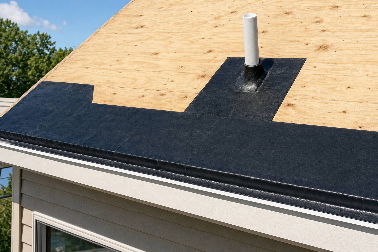 Peel-and-stick ice-and-water shield membrane installed at a roof eave and around a plumbing vent penetration before shingles are applied