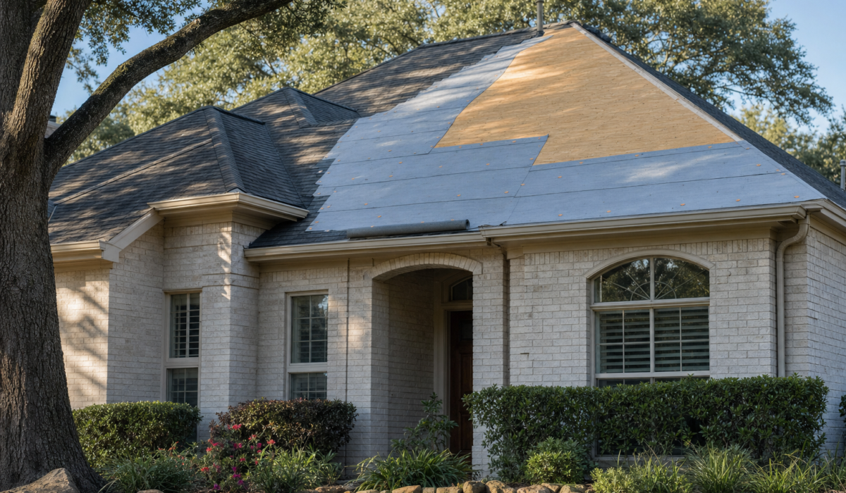 Houston home mid roof replacement with fresh synthetic roofing underlayment installed over clean plywood decking before new shingles
