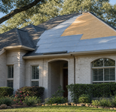 Houston home mid roof replacement with fresh synthetic roofing underlayment installed over clean plywood decking before new shingles
