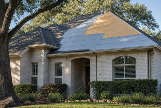 Houston home mid roof replacement with fresh synthetic roofing underlayment installed over clean plywood decking before new shingles