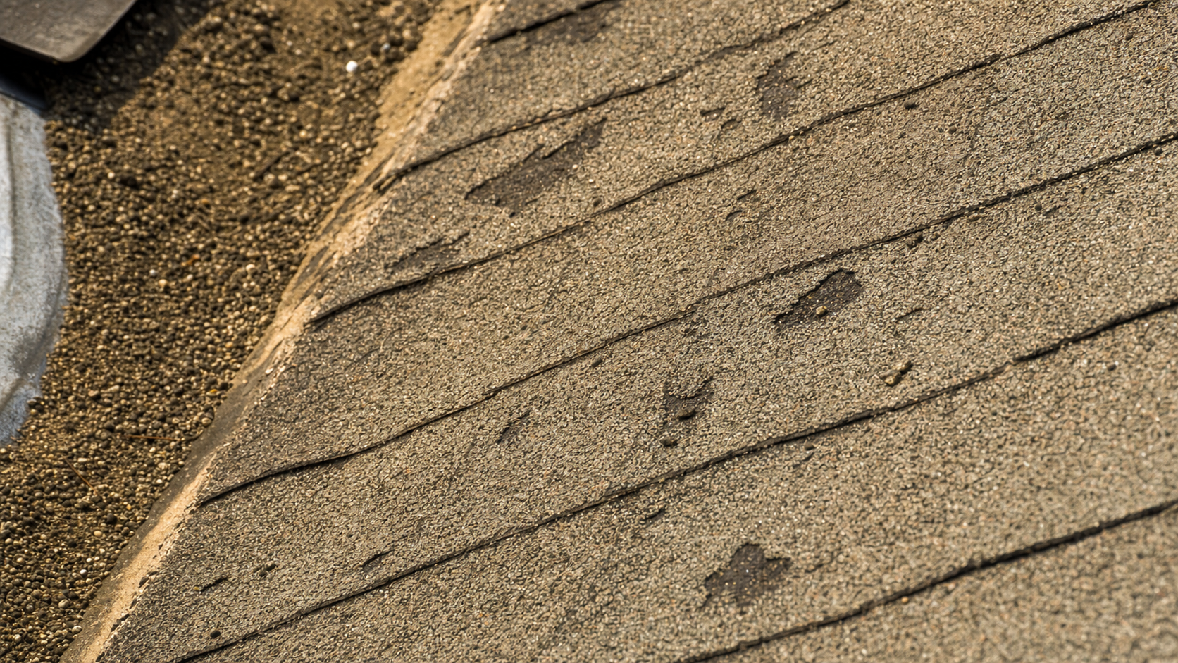 Close-up of granule loss and bald spots on an aging Houston asphalt shingle roof