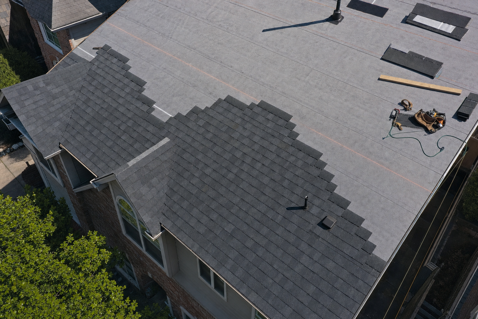 Aerial view of a Houston two-story roof mid-install showing shingle courses and chalk lines on underlayment
