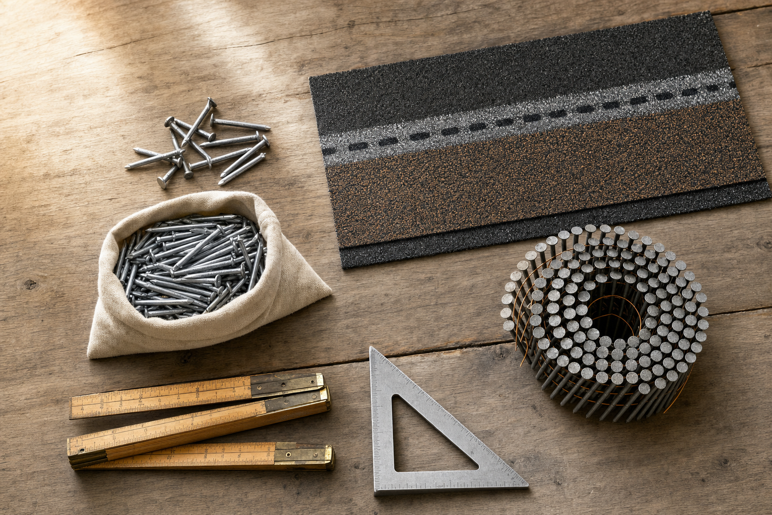 Overhead flat-lay of galvanized roofing nails coil bag and shingle sample with printed nailing zone
