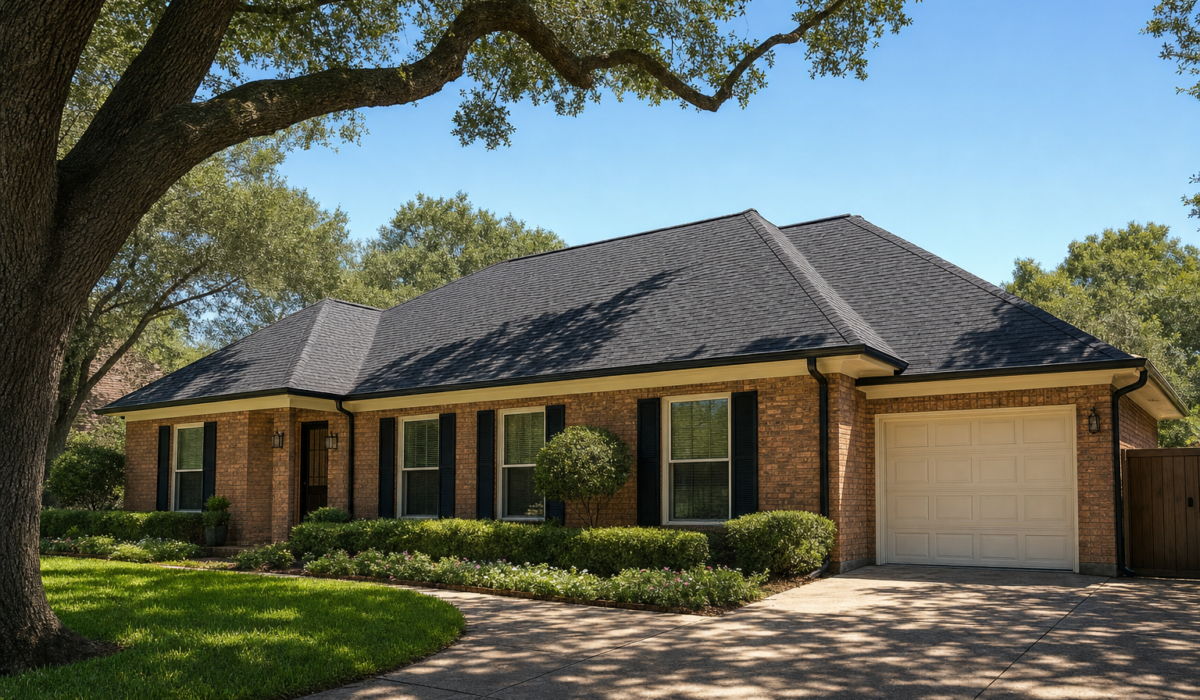 Houston brick ranch home with a new dark charcoal asphalt shingle roof under live oak shade