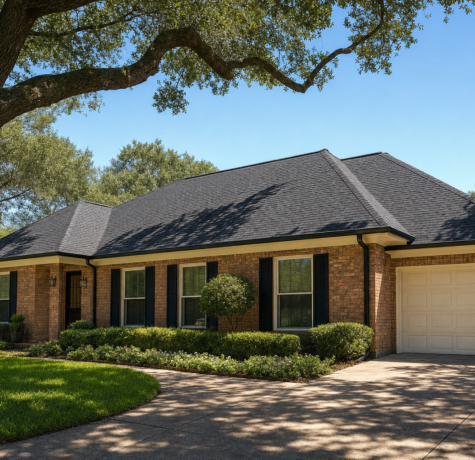 Houston brick ranch home with a new dark charcoal asphalt shingle roof under live oak shade
