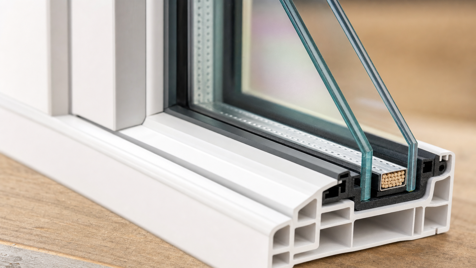 Cross-section of a modern vinyl replacement window showing insulated glass unit and low-e coated glass