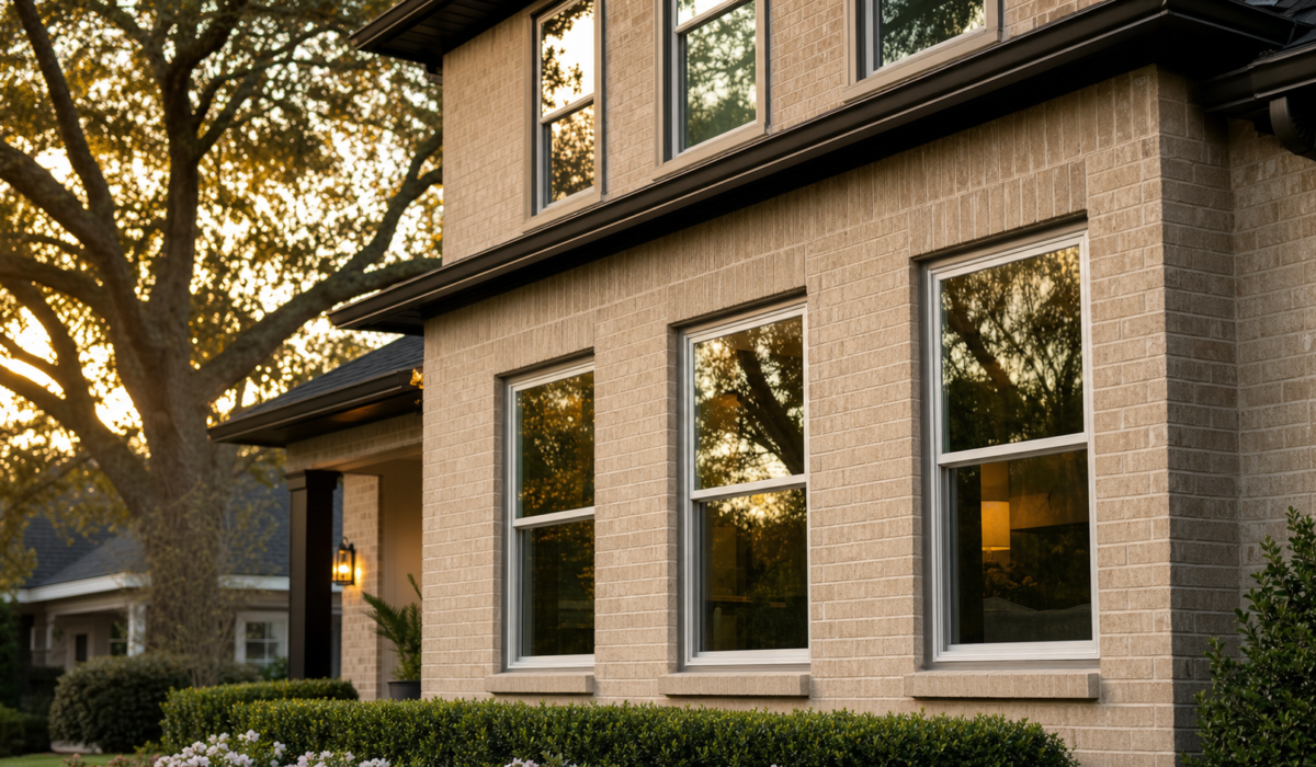 Modern Houston two-story home at golden hour with new replacement windows on the front elevation