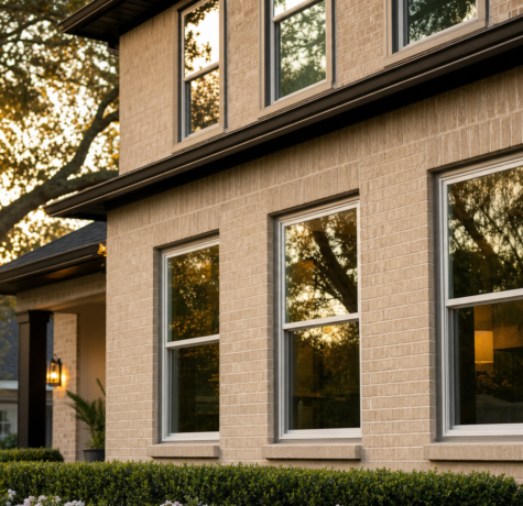 Modern Houston two-story home at golden hour with new replacement windows on the front elevation