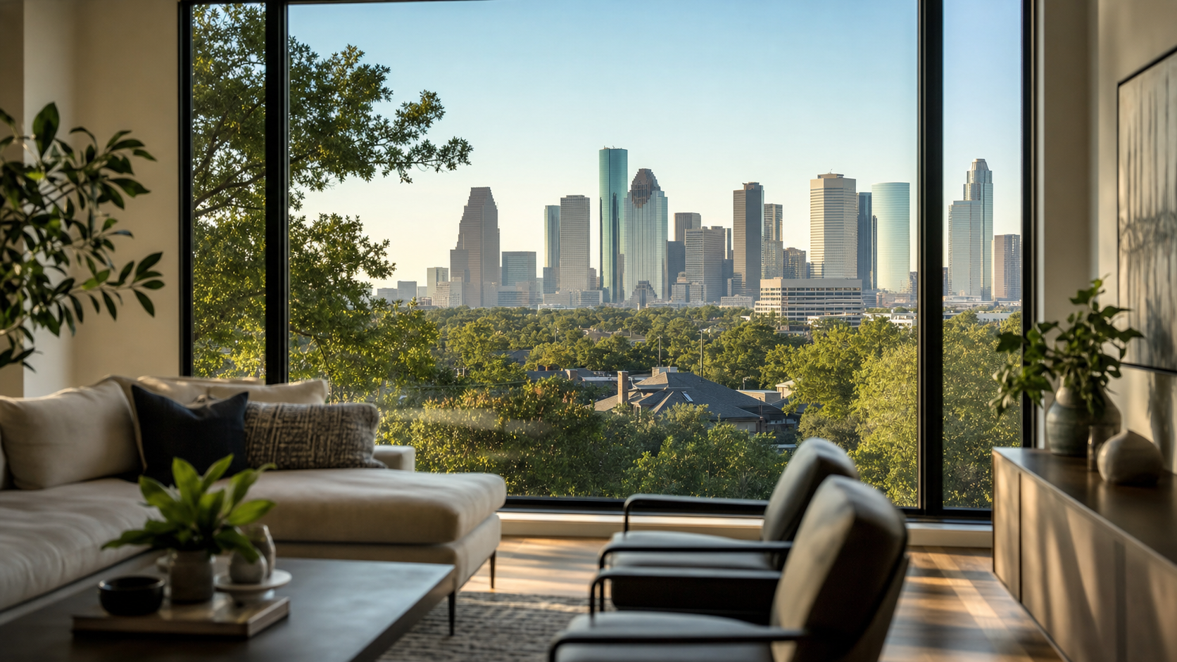 Interior view from a Houston home looking out through a large low-E glass picture window