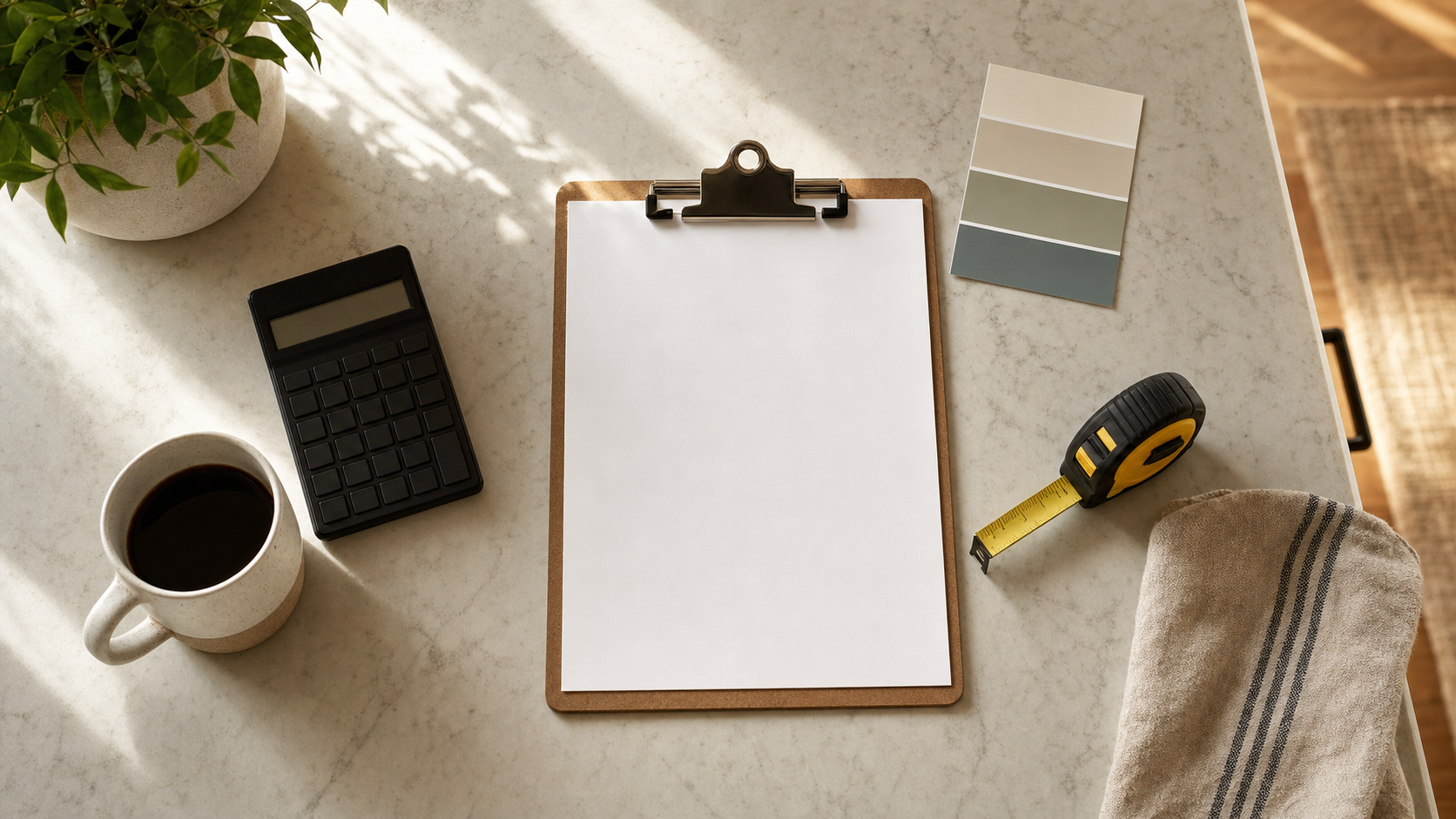 Overhead flat-lay of houston window replacement cost 2026 planning materials on a kitchen counter