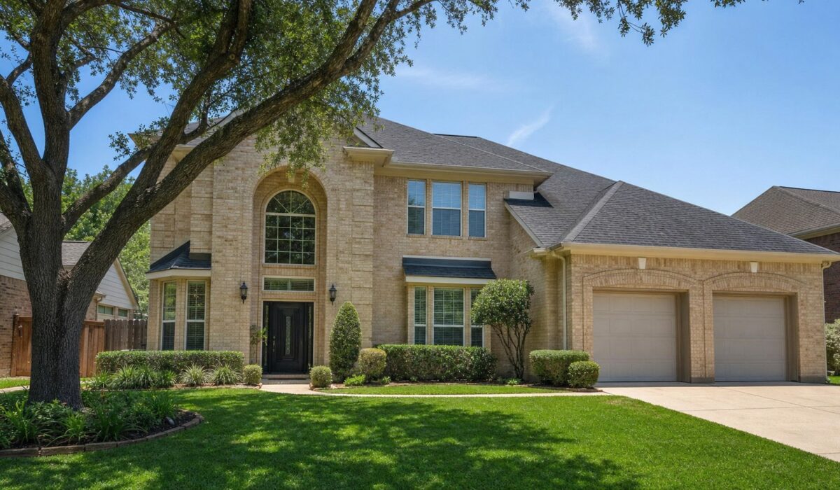 Two-story tan brick Houston home with new charcoal architectural shingle roof under clear midday sky