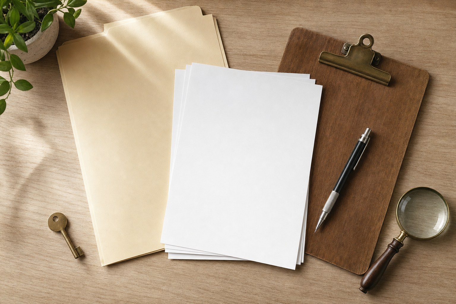 Houston homeowner planning packet with checklist folder clipboard pencil and magnifying glass