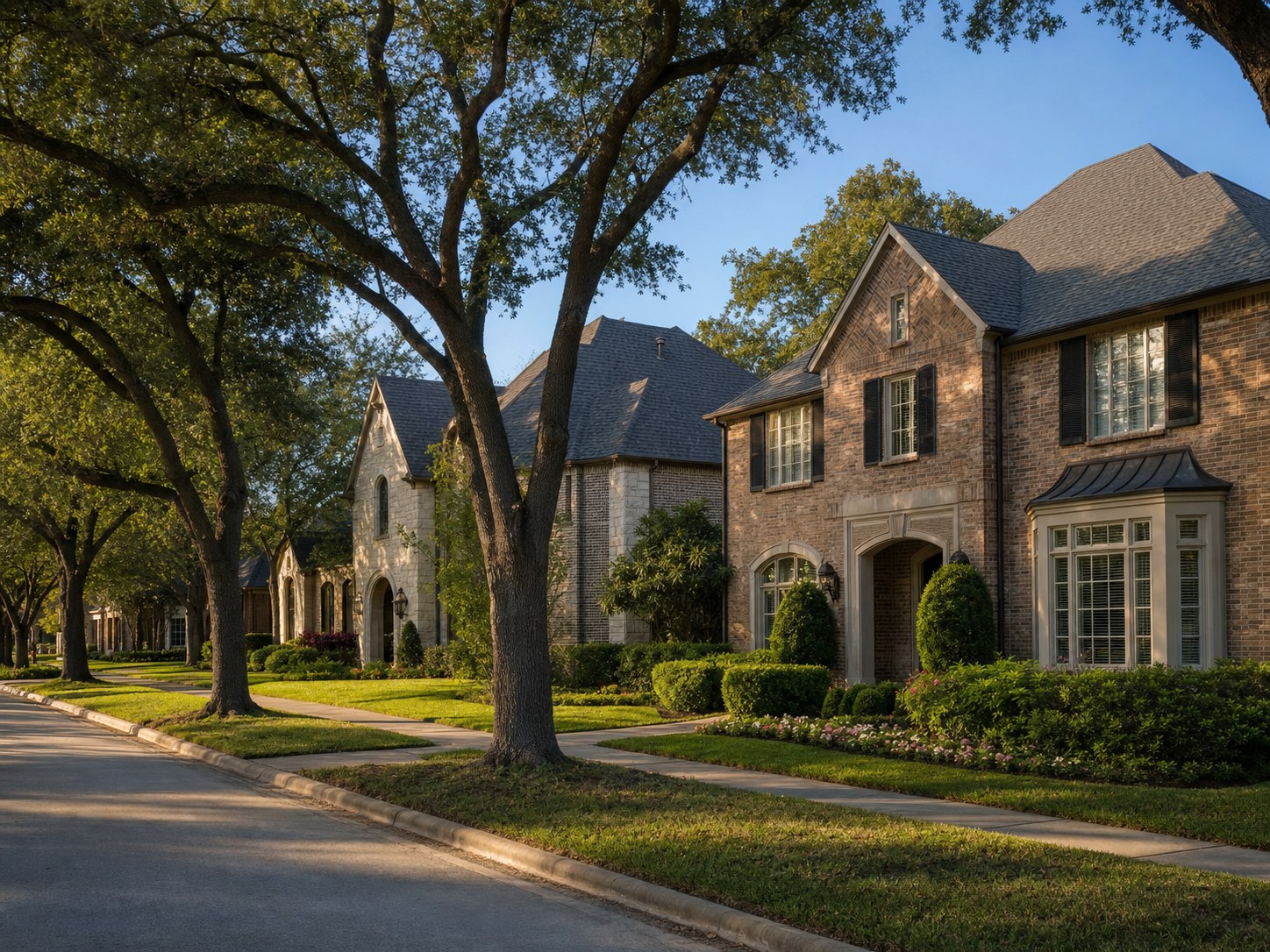 Houston suburban residential street with brick homes and mature live oak canopy at golden hour