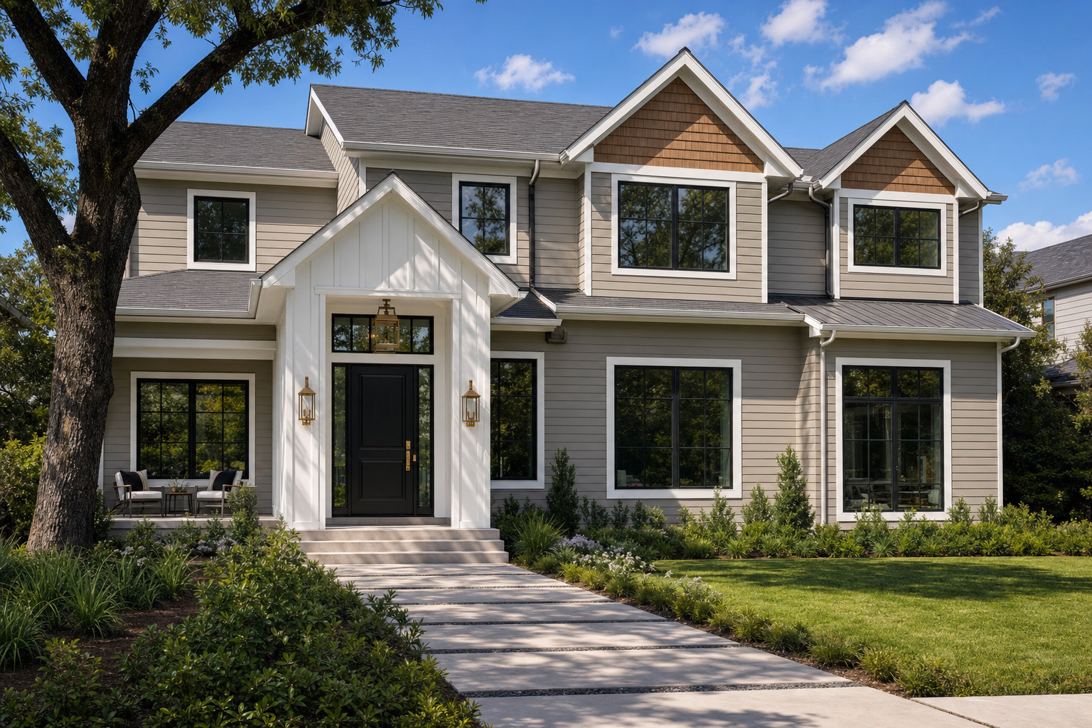 Houston home showing James Hardie lap, board-and-batten, and shingle siding profiles combined on one elevation