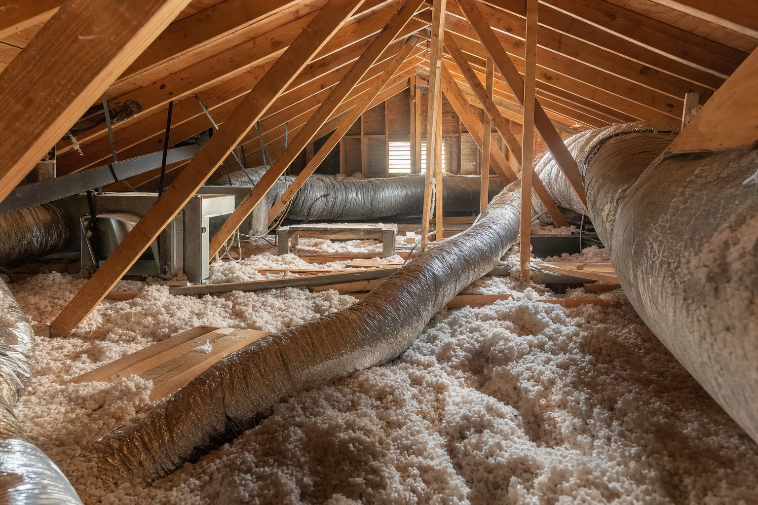 Interior of a Houston attic with blown-in insulation around HVAC ductwork
