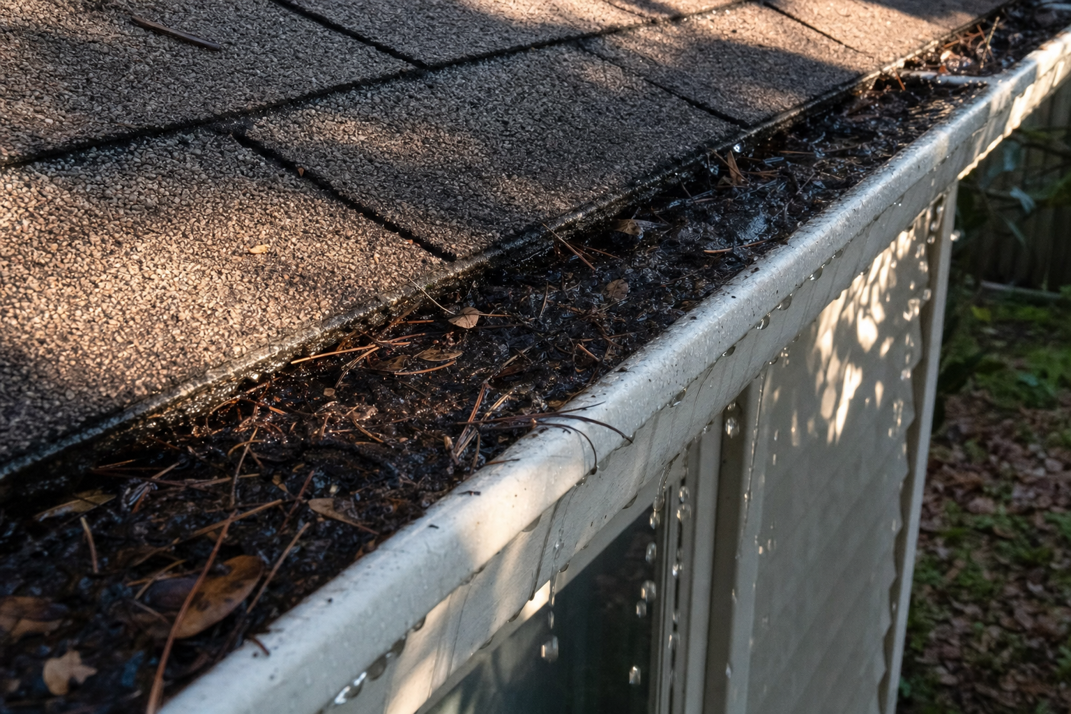 Aluminum gutter clogged with decomposed leaf sludge and pine needles