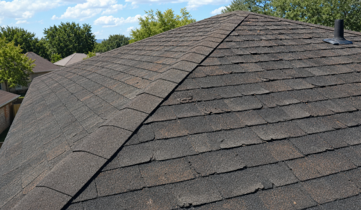 Aging Houston asphalt roof illustrating common Houston roof myths about lifespan and warranty