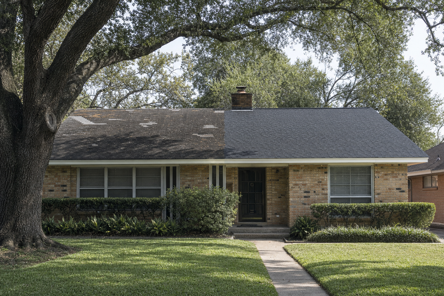 Houston brick home with a patched roof next to newly installed shingles