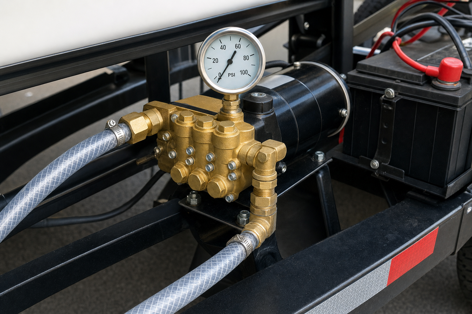 Low-pressure diaphragm pump close-up with pressure gauge reading 60 PSI, brass valves, and 12V battery connection