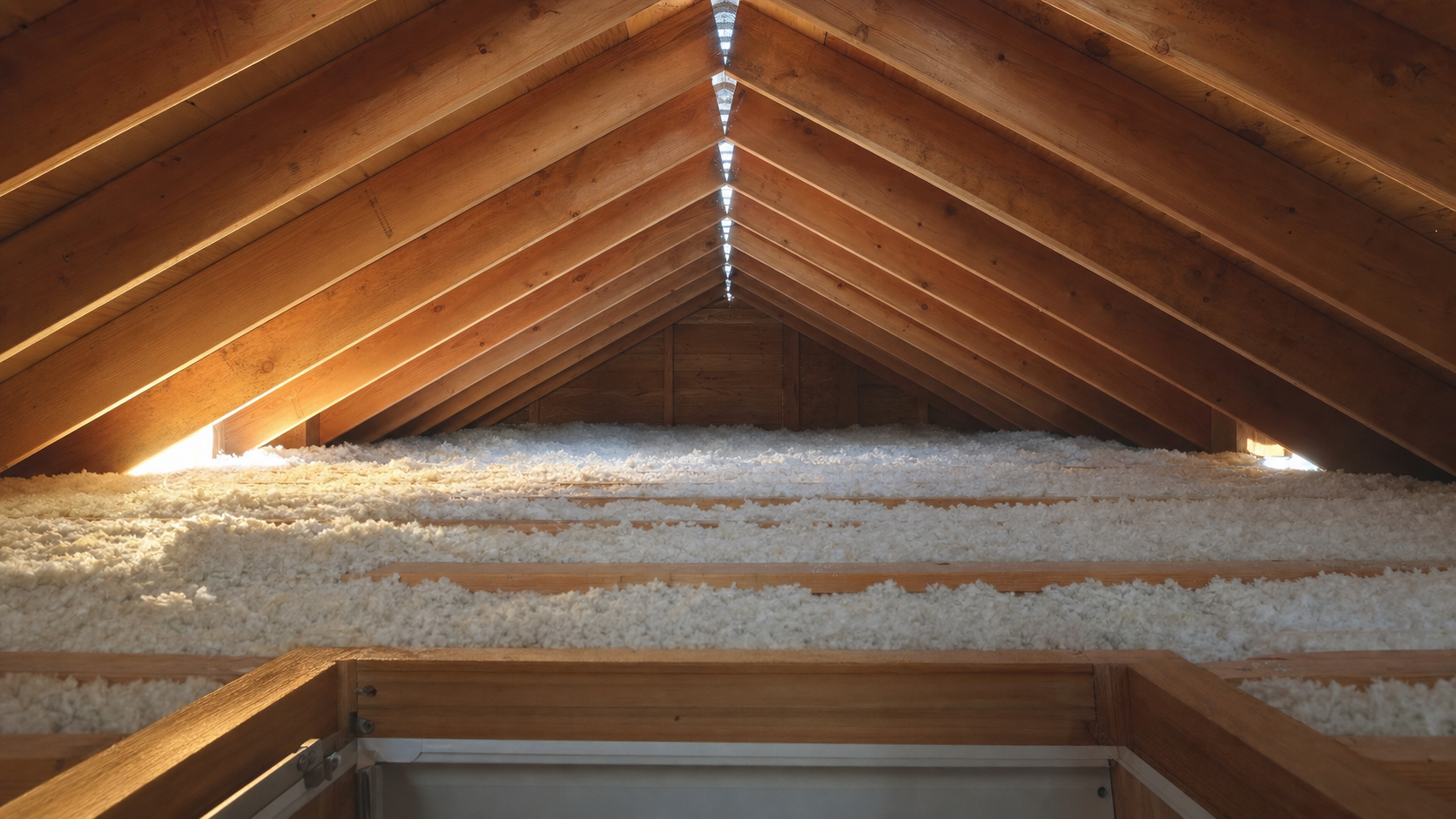 Attic interior showing daylight through the ridge vent slot above blown-in insulation