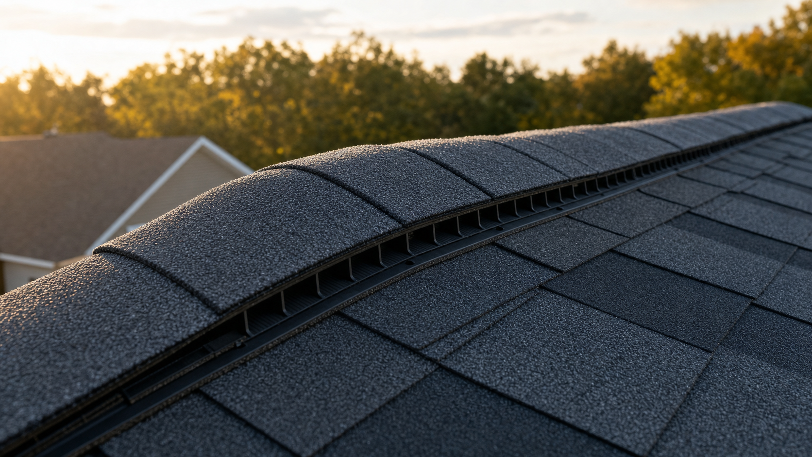 Close-up of a shingle-over continuous ridge vent on architectural asphalt shingles