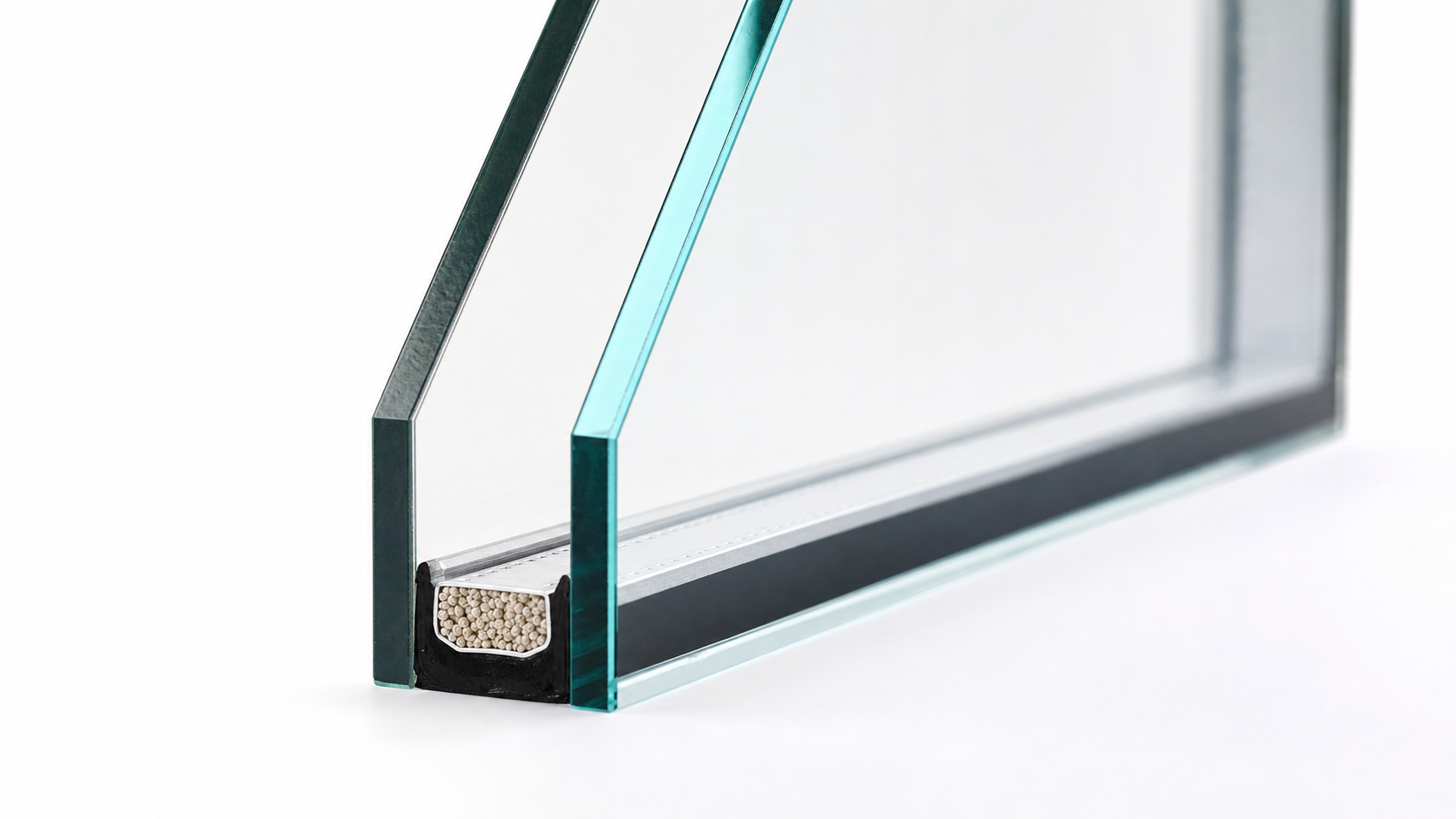 Insulated glass unit cutaway showing double-pane construction with low-E coating and spacer bar