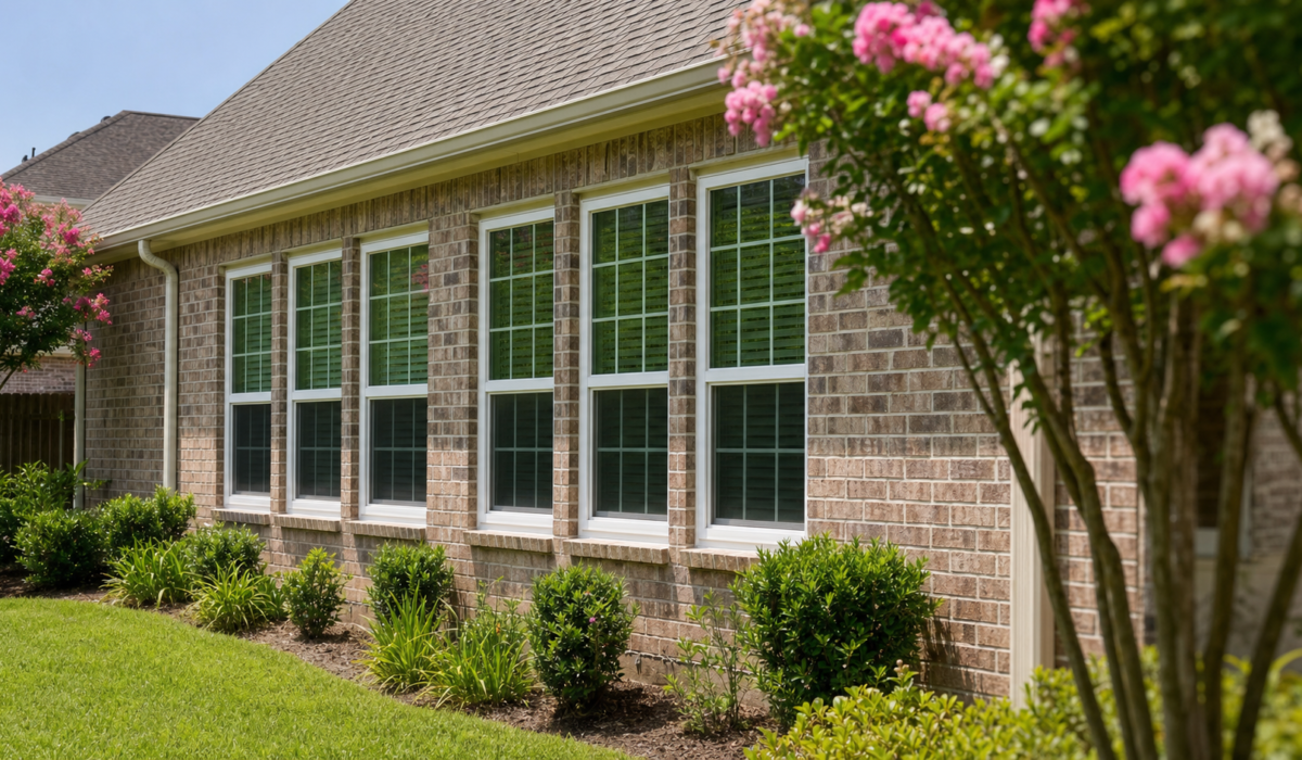 Houston SHGC and U-factor windows on a south-facing brick home exterior in strong summer sunlight