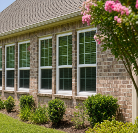 Houston SHGC and U-factor windows on a south-facing brick home exterior in strong summer sunlight