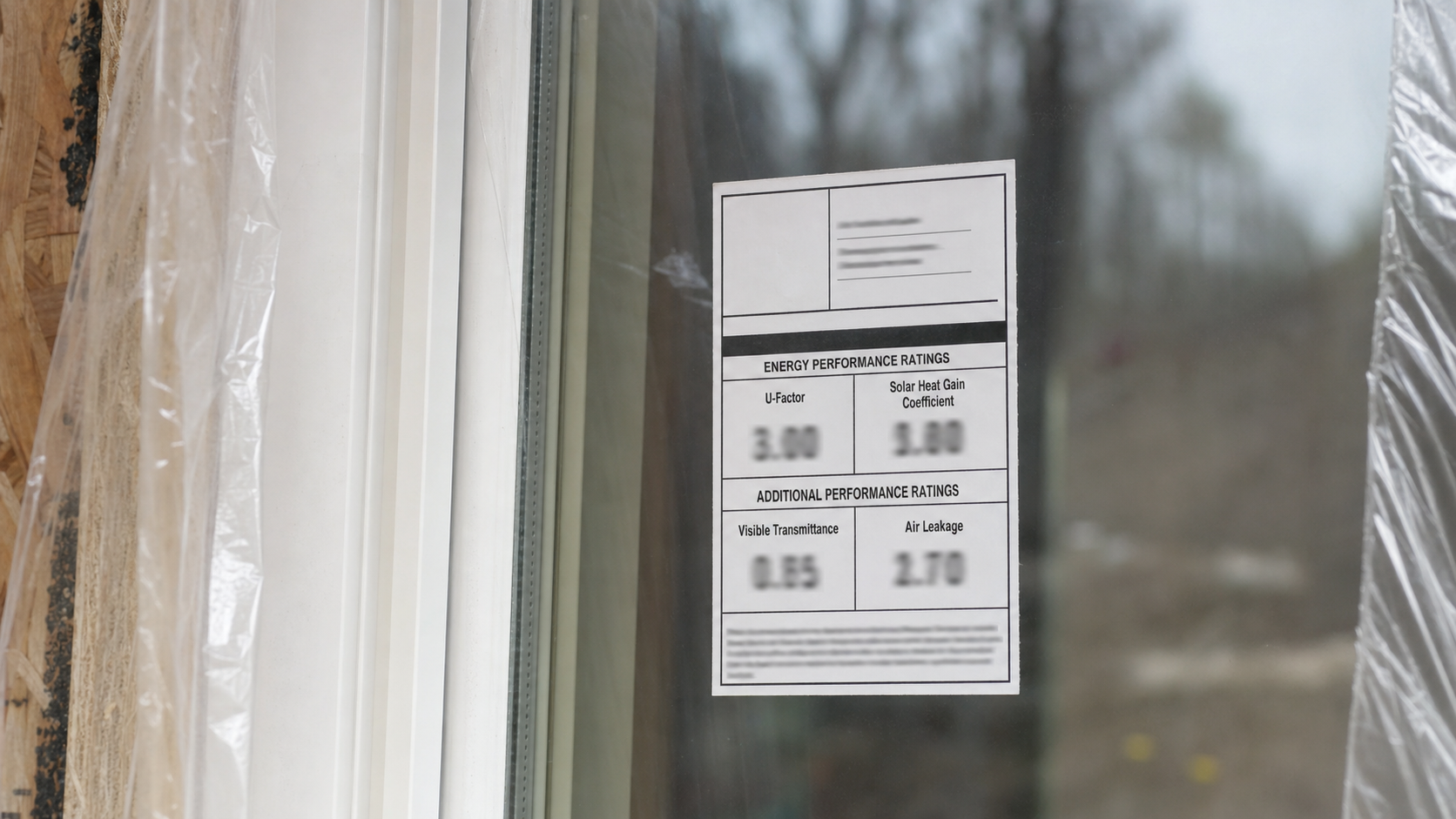NFRC energy performance rating sticker on a new window showing U-Factor and SHGC