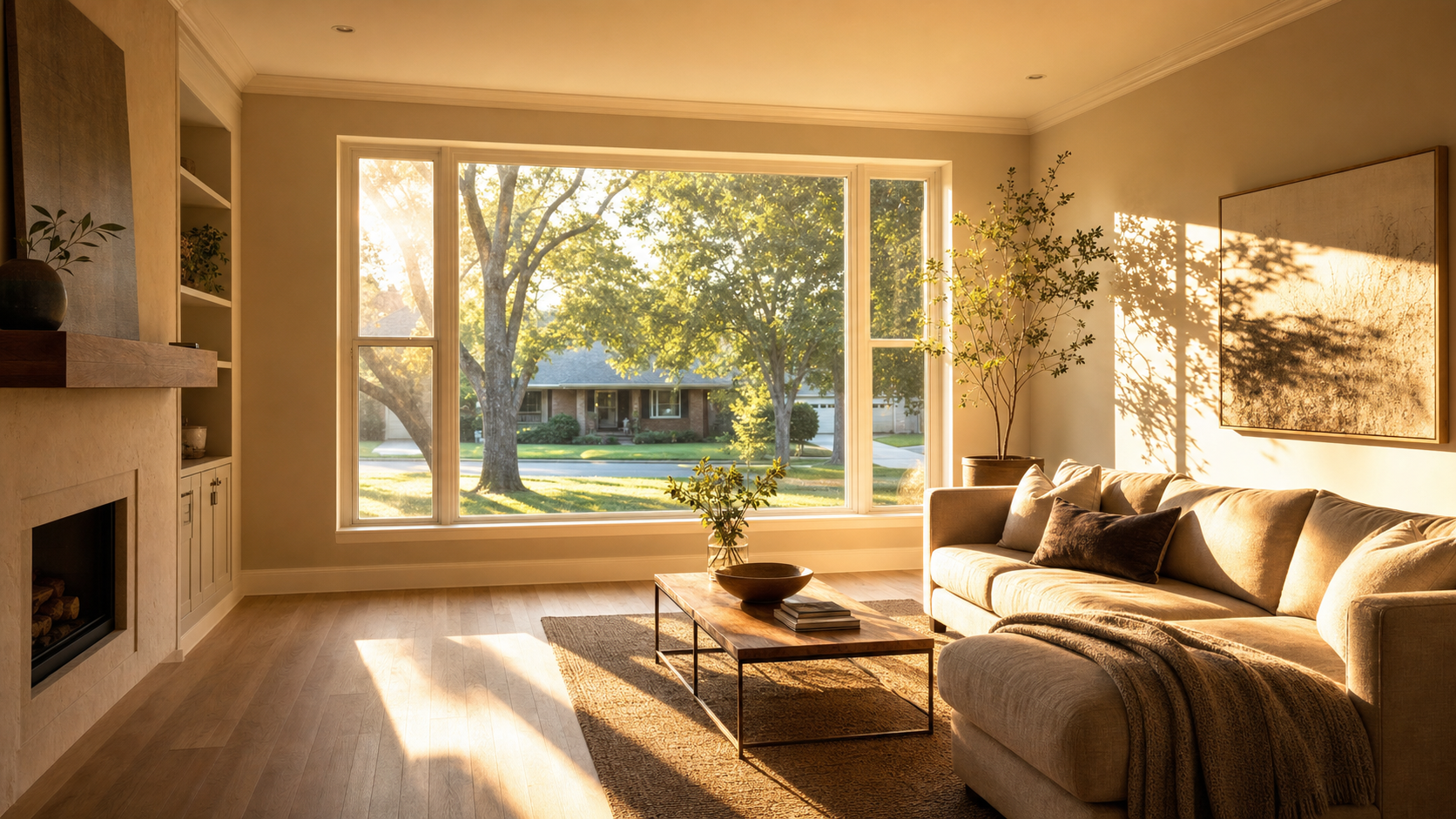 Houston living room with a west-facing picture window and intense late-afternoon sun