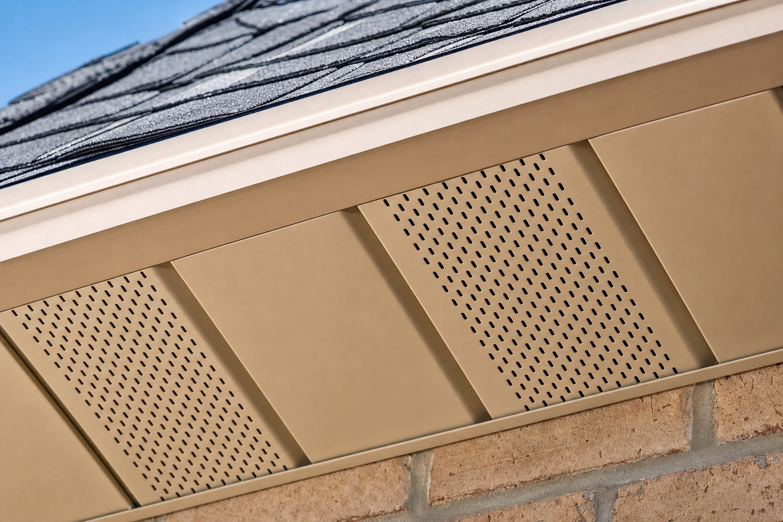Perforated aluminum soffit vent under a Houston roofline — the intake side of a healthy attic ventilation loop