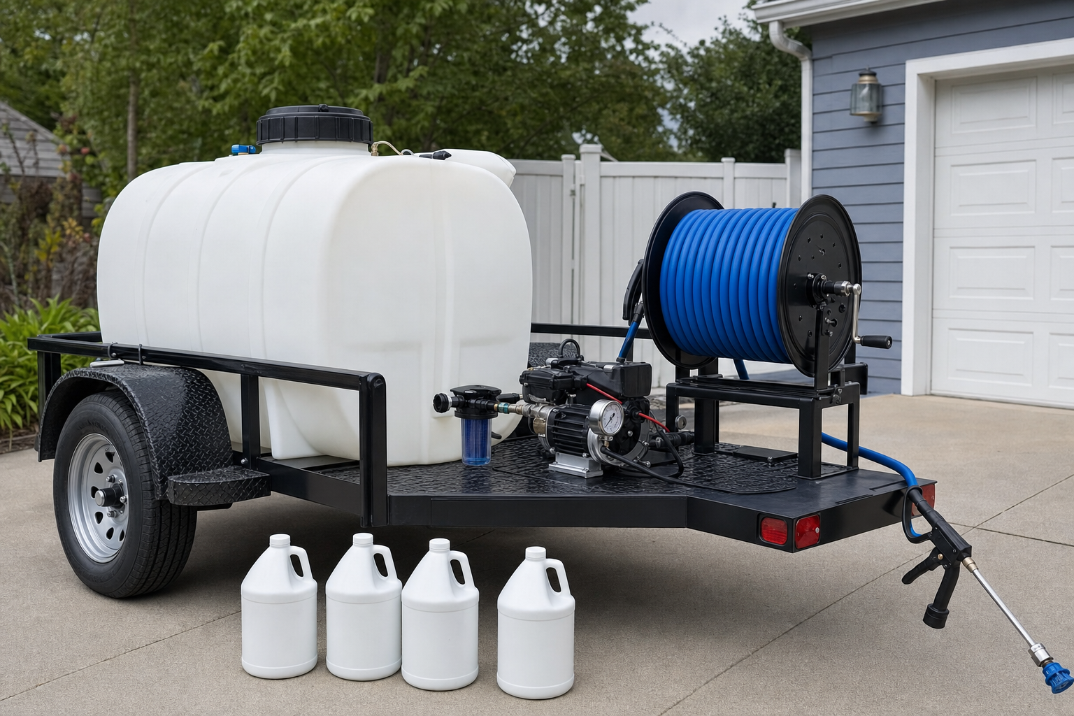 Full soft-wash trailer rig with 100-gallon poly tank, hose reel, low-pressure pump, and unlabeled chemistry jugs